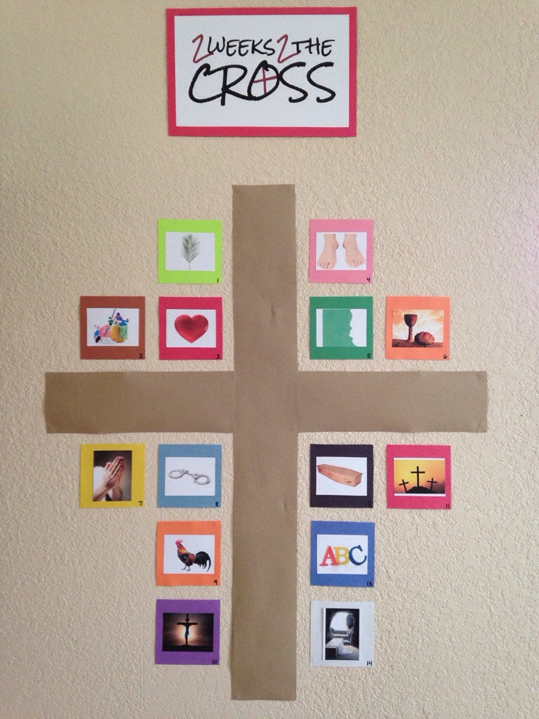 Each day of 2 Weeks 2 the Cross, we will look at one icon around the cross hanging on a prominent wall in our living room. For example, the first day, the image is of a palm branch. The theme for that day is "Jesus came to save me." We will read Mark 11:1-11 together, and then make construction paper palm branches and shout Hosanna to imagine what it was like when Jesus made His triumphal entry into Jerusalem.